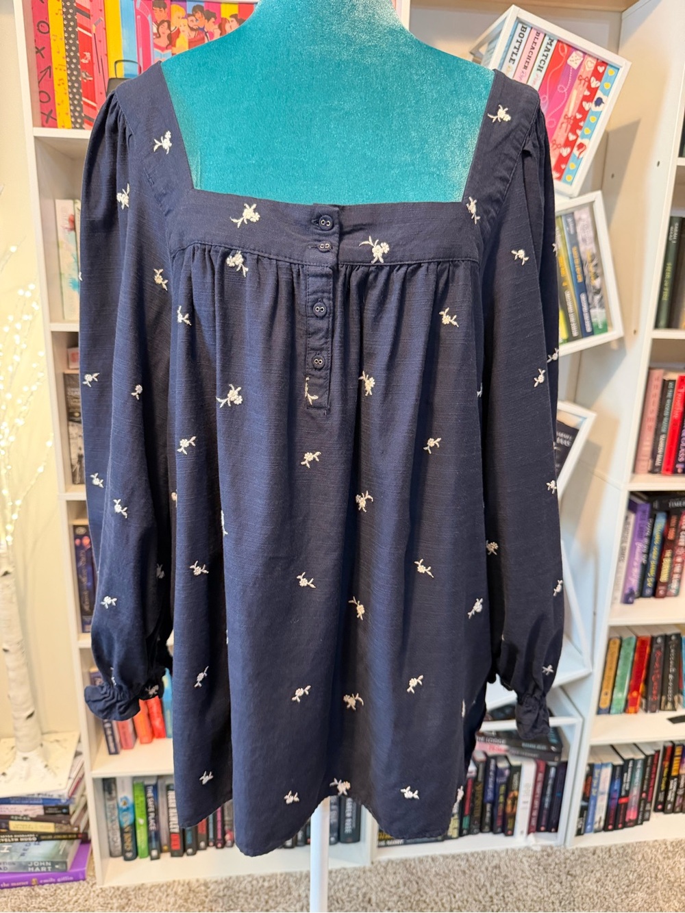 Lauren Conrad Navy Square Neck Long Sleeve Tunic with White Embroidered Florals